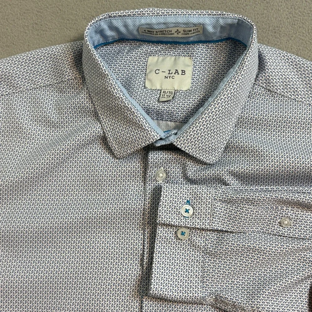 C-LAB NYC Mens XL Slim Fit 4 Way Stretch Blue Geometric Button Down Shirt 17.5 - Picture 2 of 9